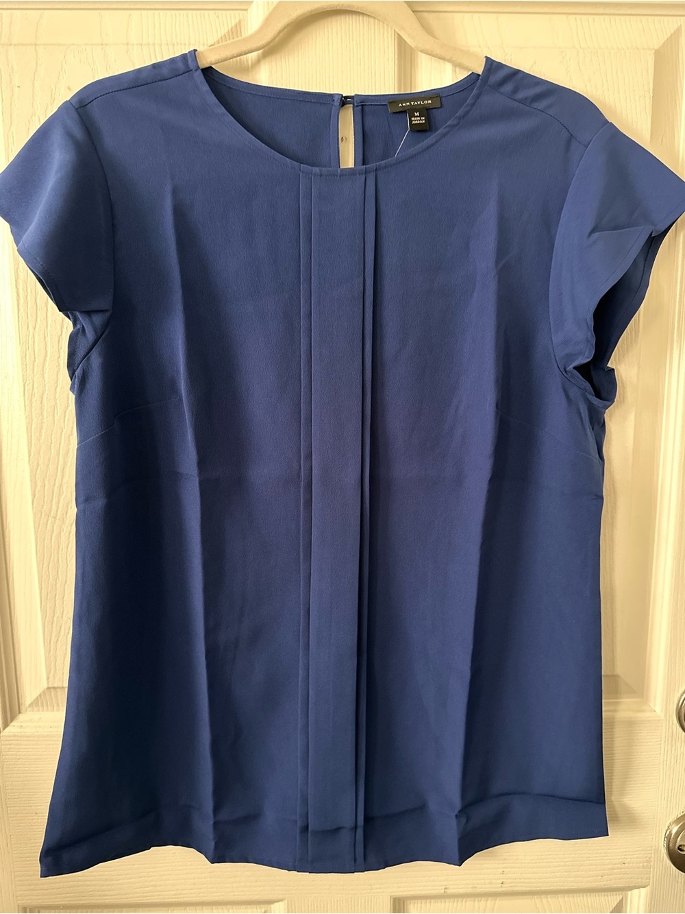 Ann Taylor Blue Pleated Front Cap-Sleeve Blouse
